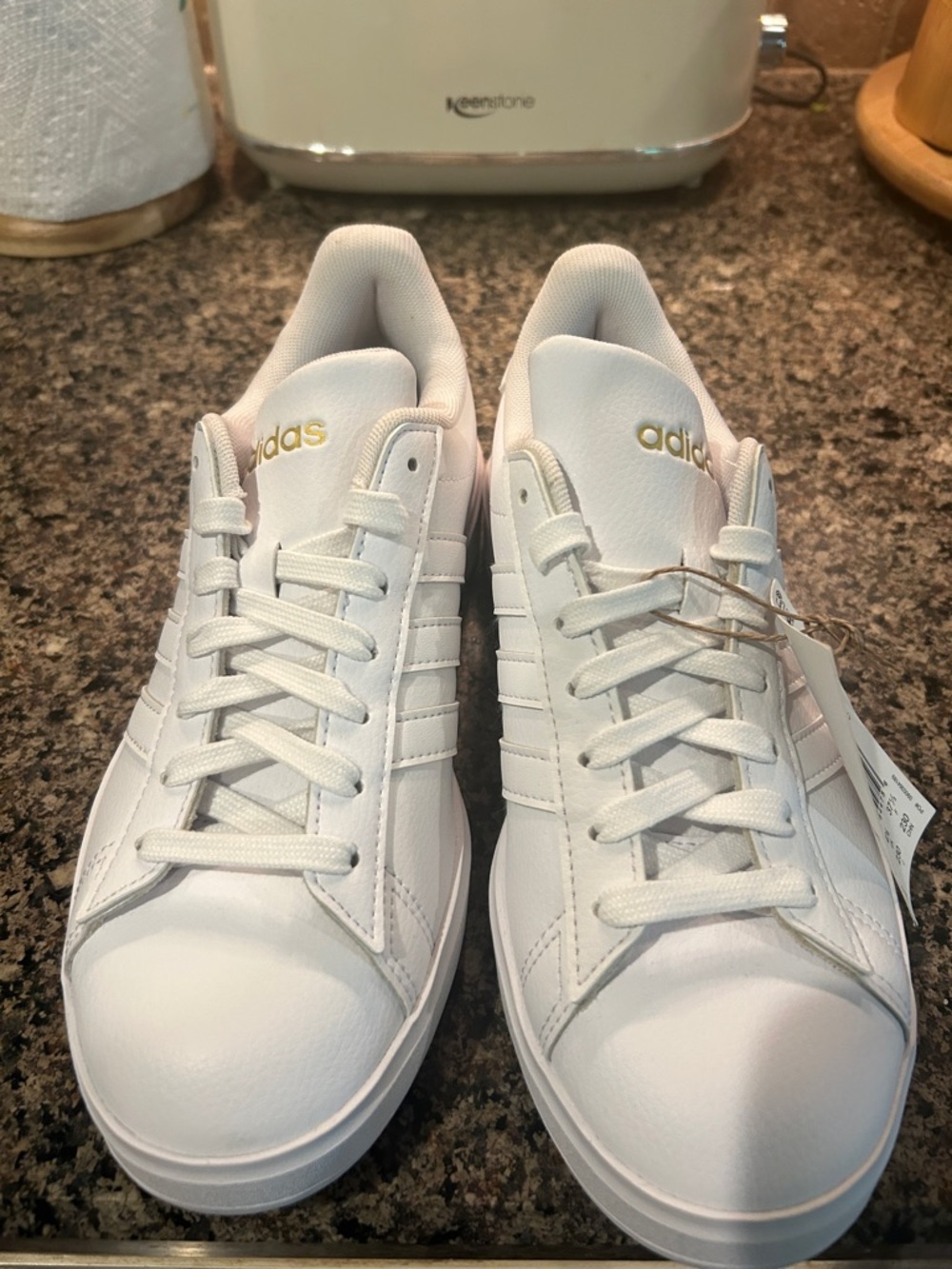 adidas Grand Court 2.0 White Low-Top Sneakers with Gold Logo Accents